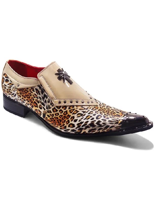 BEIGE PATENT LEOPARD PRINT LOAFER METAL TOE CAP