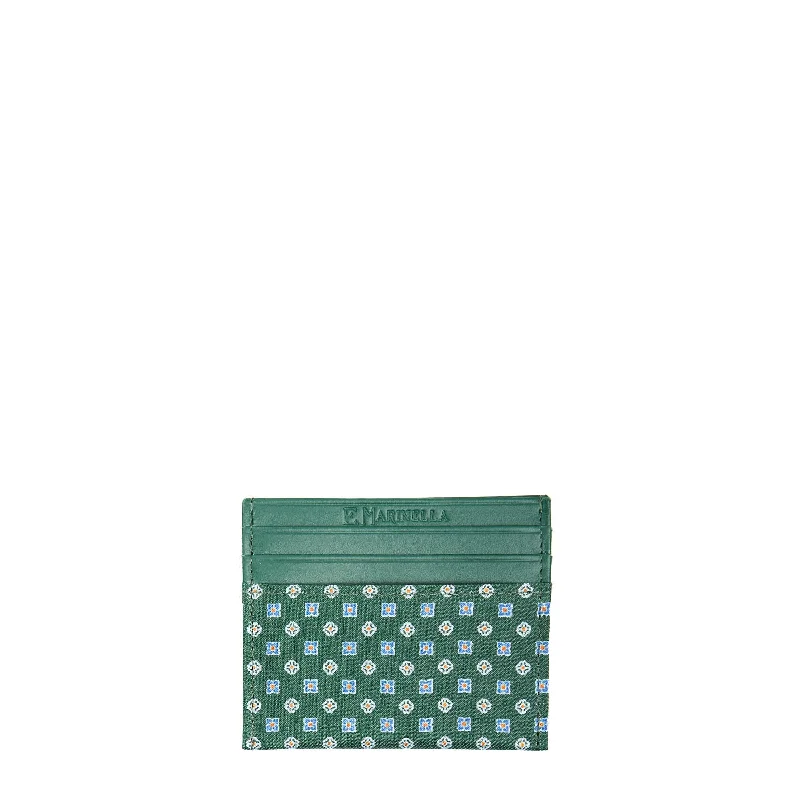 DARK GREEN LEATHER AND SILK CREDIT CARD HOLDER