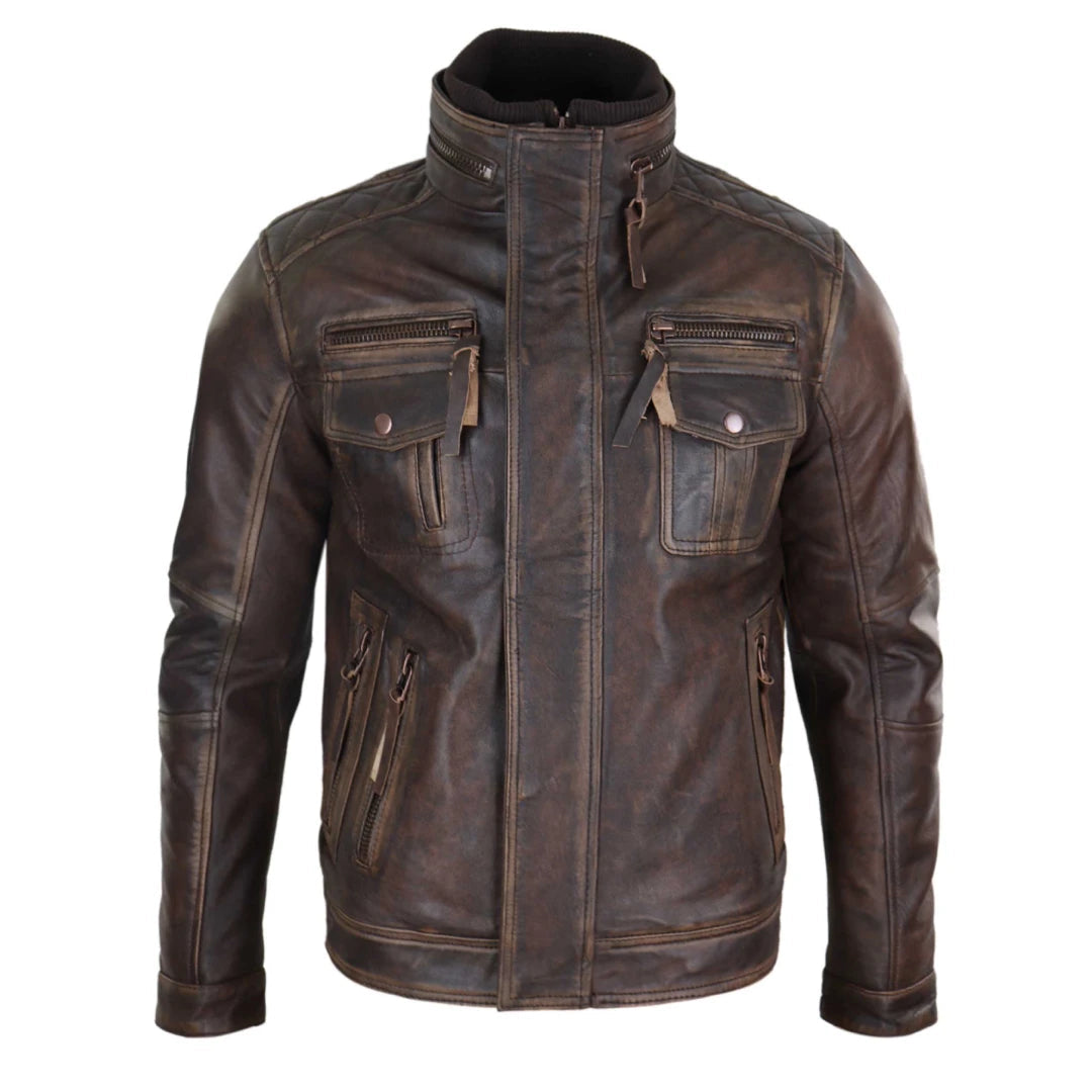 Men's Distressed Leather Biker Jacket Brown