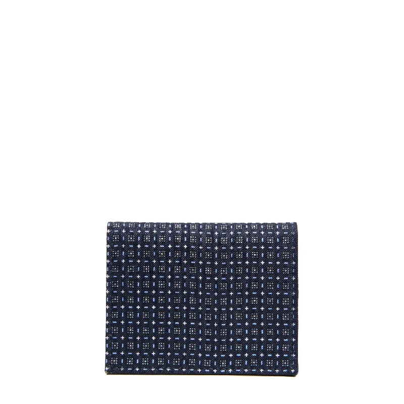 DARK BLUE SILK AND LEATHER FOLDING CARD HOLDER