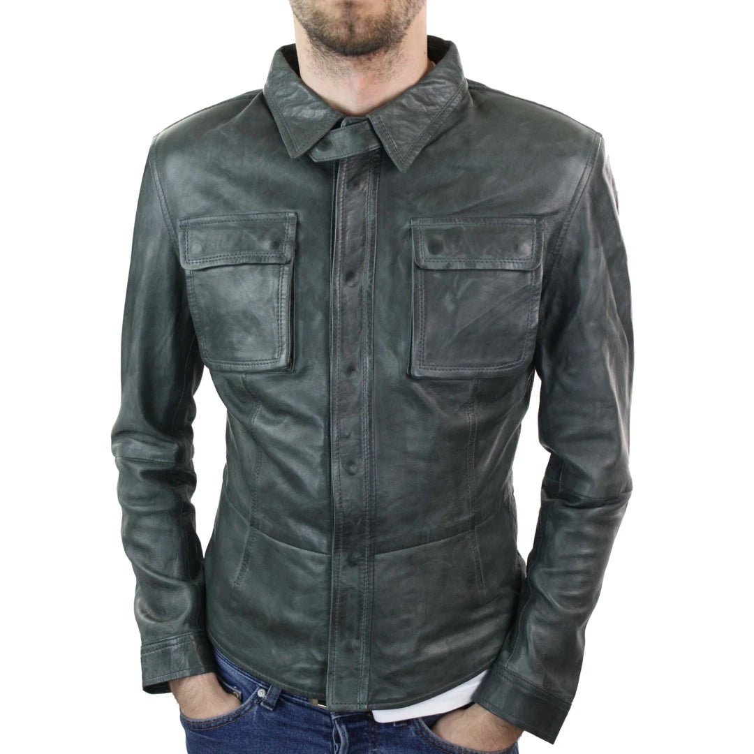 Men's Fitted Shirt Leather Jacket Tan Brown