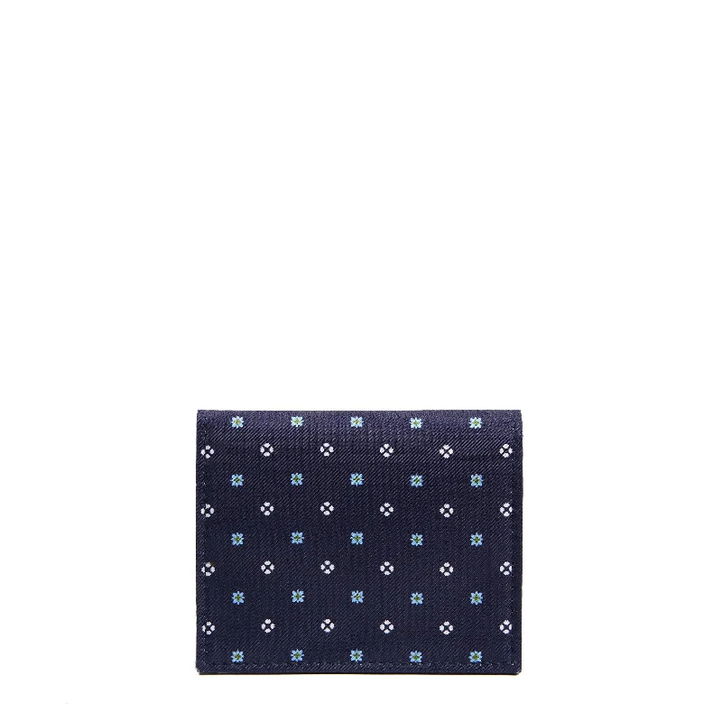 DARK BLUE SILK AND LEATHER FOLDING CARD HOLDER