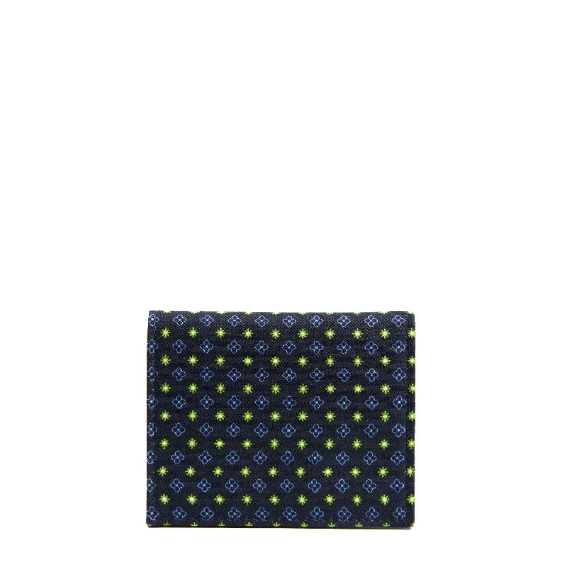 DARK BLUE SILK AND LEATHER FOLDING CARD HOLDER