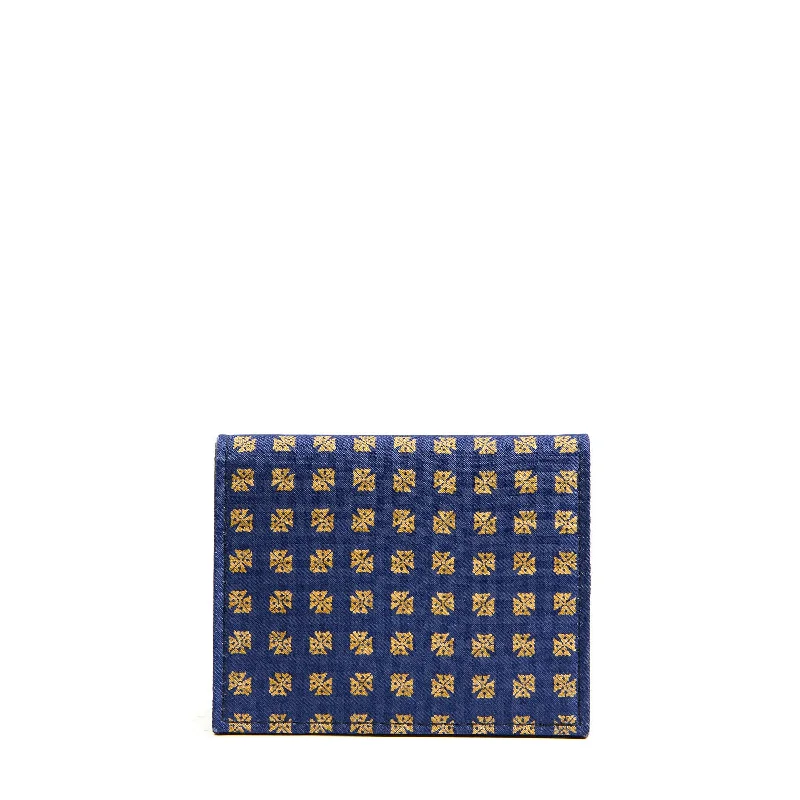 DARK BLUE SILK AND LEATHER FOLDING CARD HOLDER