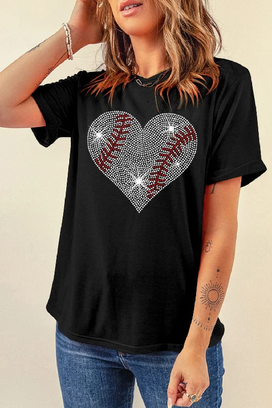 Rhinestone Heart Round Neck Short Sleeve T-Shirt