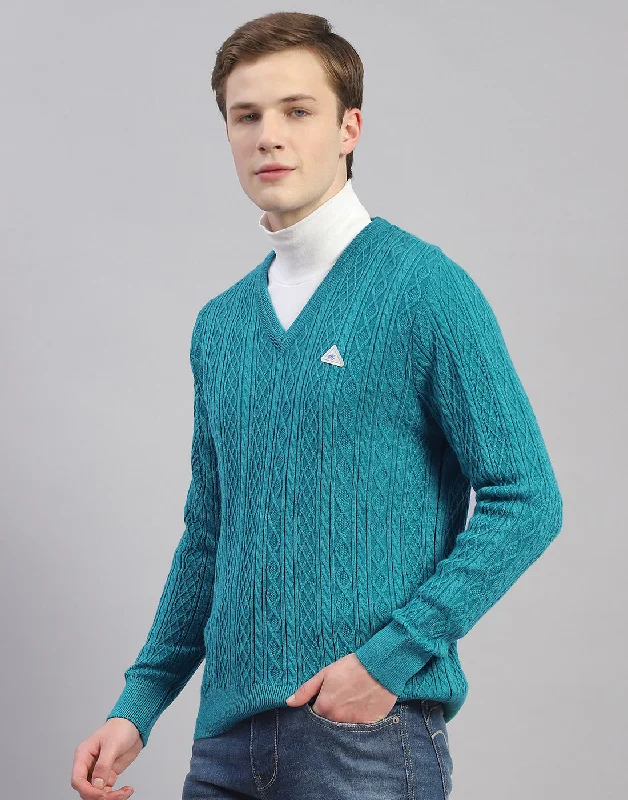 Men Turquoise Blue Solid V Neck Full Sleeve Pullover