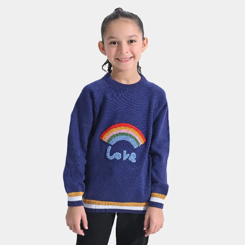 Girls Cotton Full Sleeves Sweater Fox Embroidered-Navy Blue