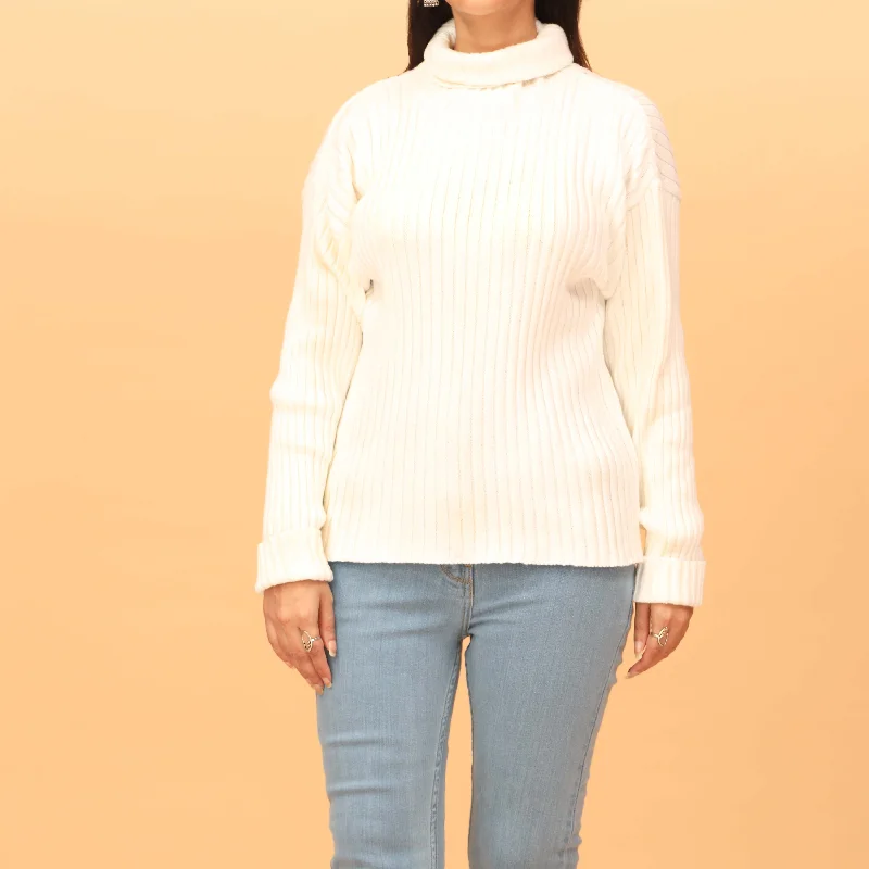 White Plain Knitted High Neck Sweater PW4838