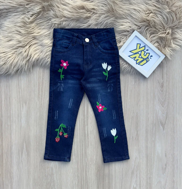 Girls' Blue Floral Embroidered Stretch Jeans