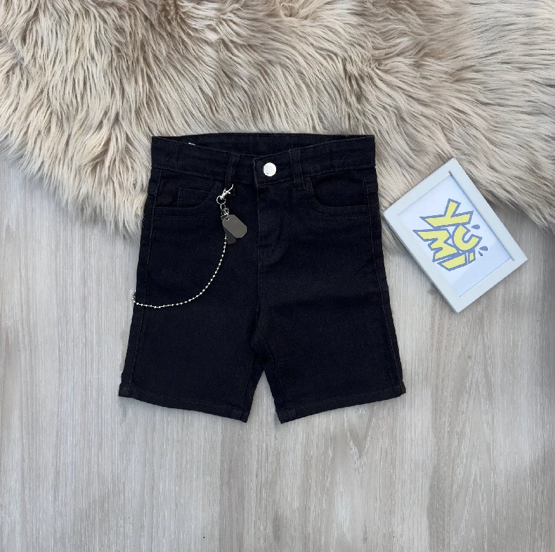 Kids Black Denim Shorts with Chain