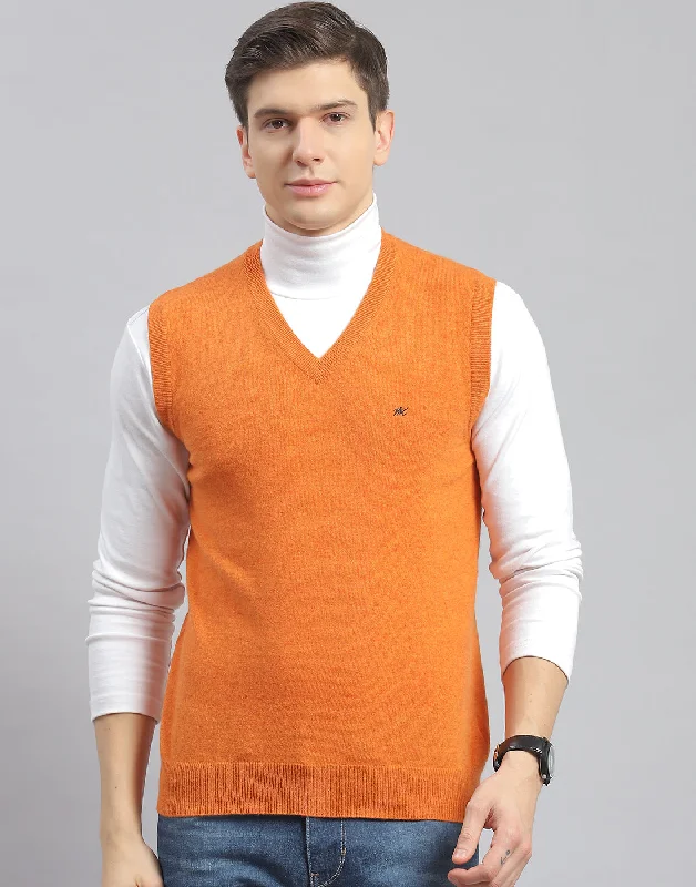 Men Orange Solid V Neck Sleeveless Sweater