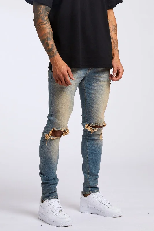 PREMIUM SKINNY FIT JEANS - STONE WASH DESTROYED KNEE