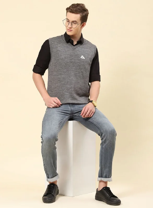 Men Grey Solid Blend wool Sweater