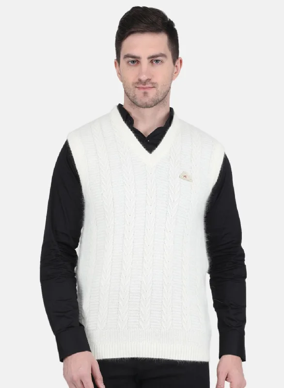 Men White Self Design Sweater