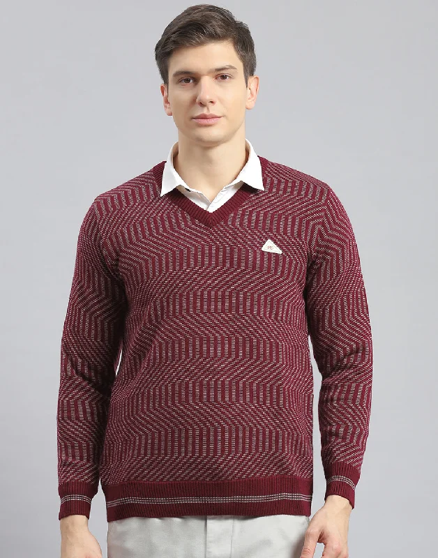 Men Maroon Self Design V Neck Full Sleeve Pullover