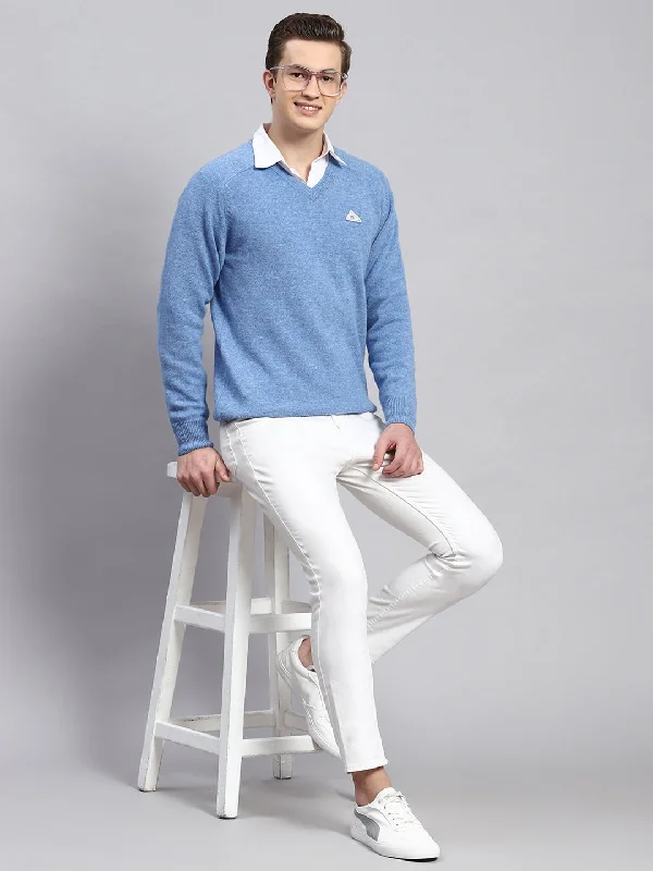 Men Sky Blue Solid Pullover