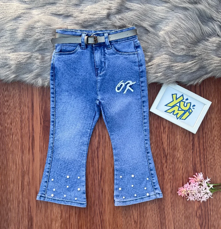 Girls' Faded Blue Flare Jeans with Pearls & OK Embroidery!