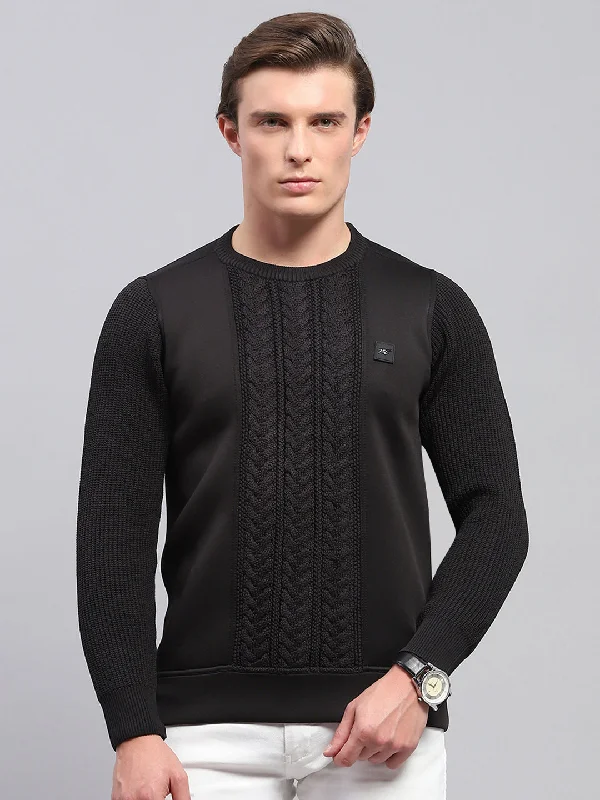 Men Black Self Design Round Neck Full Sleeve Pullover